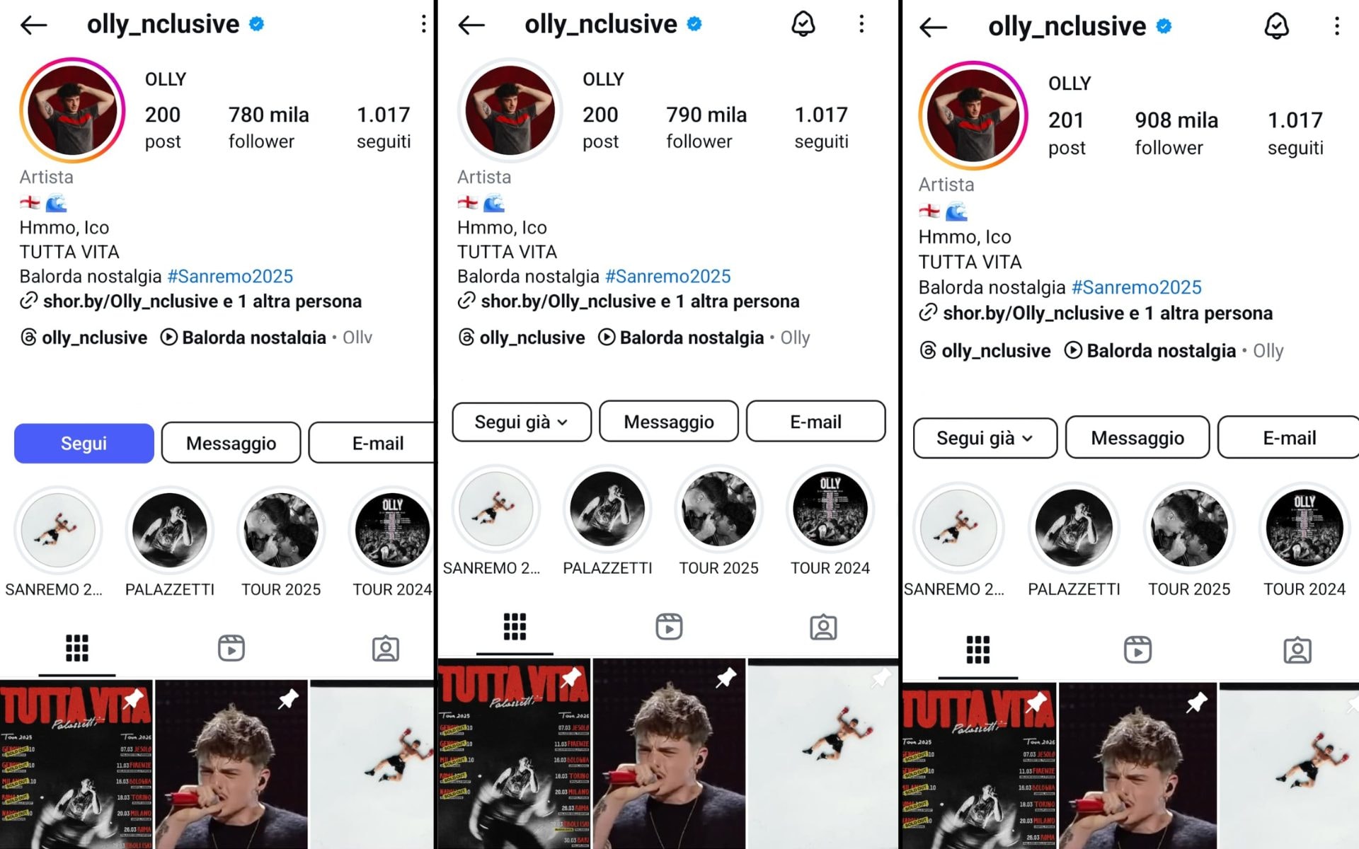 From left to right, Olly's IG profile (@olly_ncusive) at 02.12, 02.22 and 09.13 on Sunday 16 February 2025
