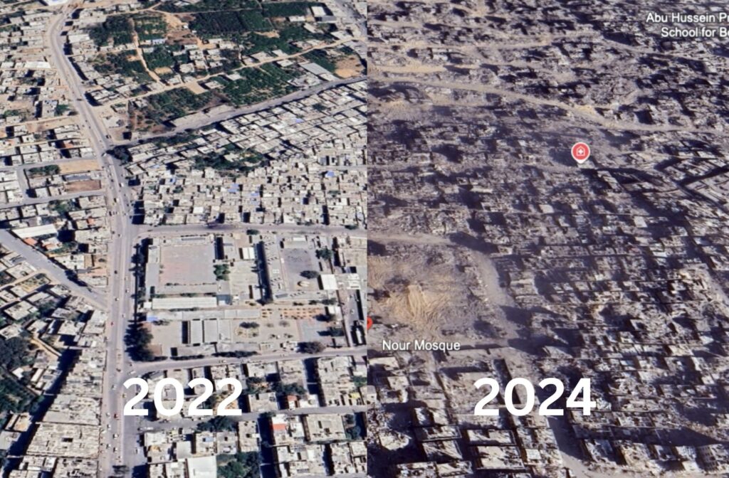 The comparison between before and after the war in the photos from the satellite
