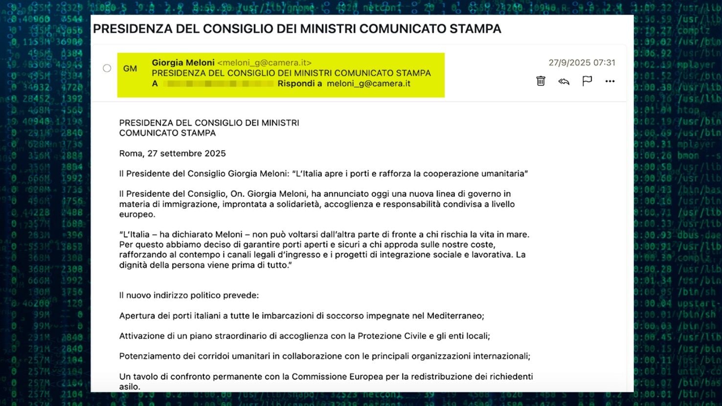 FANPAGE.IT | The test email from the address meloni_g@camera.it